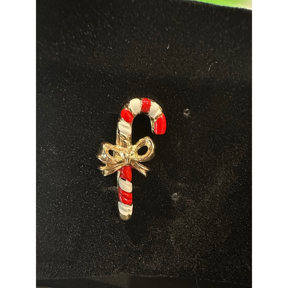 Vintage Red White Enamel Candy Cane Brooch Gold Tone Christmas Holiday Pin
